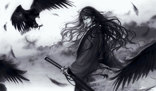 Anime picture 1200x700 with original sun dou long hair black hair wide image monochrome boy weapon animal sword bird (birds) katana feather (feathers)
