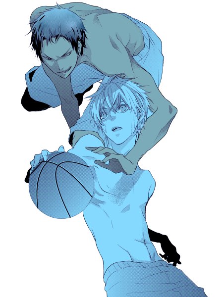 Anime picture 900x1200 with kuroko no basket production i.g kuroko tetsuya aomine daiki tall image fringe short hair open mouth smile white background bare shoulders holding looking away bent knee (knees) multiple boys bare belly dark skin looking up bare back flying