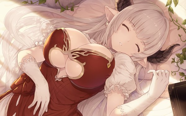 Anime picture 1920x1200 with granblue fantasy alicia (granblue fantasy) cait single long hair fringe highres breasts light erotic large breasts cleavage upper body lying blunt bangs eyes closed parted lips horn (horns) pointy ears shadow short sleeves