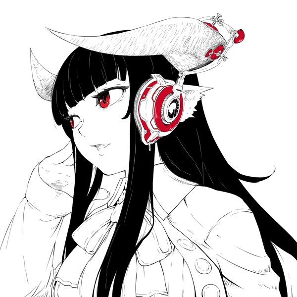 Anime picture 1000x1000 with original jaco single long hair fringe breasts open mouth black hair simple background red eyes large breasts white background looking away horn (horns) monochrome girl headphones