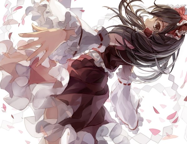 Anime picture 1280x990 with touhou hakurei reimu bison cangshu single long hair looking at viewer simple background brown hair white background twintails brown eyes sunlight falling girl skirt bow hair bow detached sleeves petals skirt set