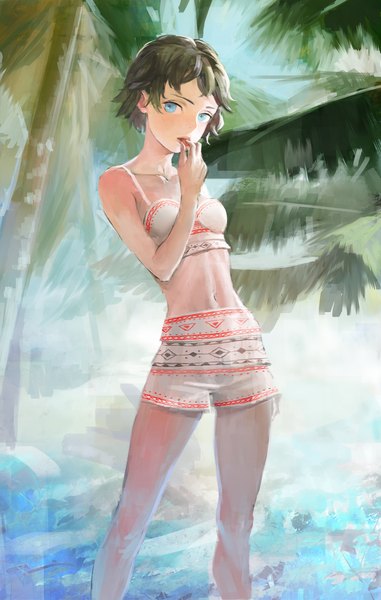 Anime picture 814x1280 with original arata yokoyama single tall image looking at viewer short hair breasts blue eyes light erotic standing outdoors eating girl navel swimsuit plant (plants) tree (trees) water palm tree
