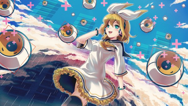 Anime picture 2000x1126 with vocaloid kagamine rin 40hara single highres short hair open mouth blonde hair wide image cloud (clouds) aqua eyes rain abstract girl thighhighs dress bow hair bow bracelet headphones