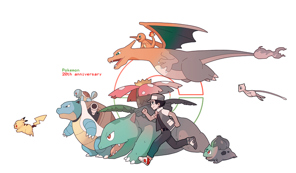 Anime picture 1000x586 with pokemon nintendo pikachu red (pokemon) charizard bulbasaur charmander squirtle venusaur blastoise mew (pokemon) gojya short hair black hair simple background smile wide image white background profile black eyes