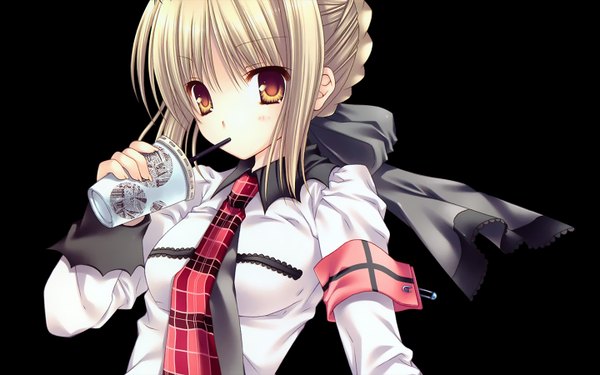 Anime picture 1440x900 with fate (series) fate/stay night studio deen type-moon artoria pendragon (all) saber blonde hair wide image yellow eyes black background drinking girl necktie disposable cup