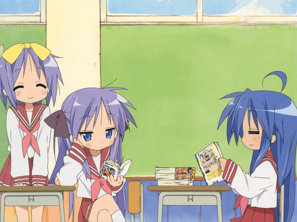 Anime picture 1600x1200 with lucky star kyoto animation izumi konata hiiragi kagami hiiragi tsukasa girl