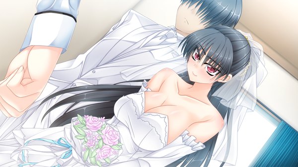 Anime picture 1024x576 with mirai wa kimi ni koishiteru long hair blush short hair breasts light erotic black hair red eyes wide image large breasts game cg girl dress boy gloves elbow gloves wedding dress