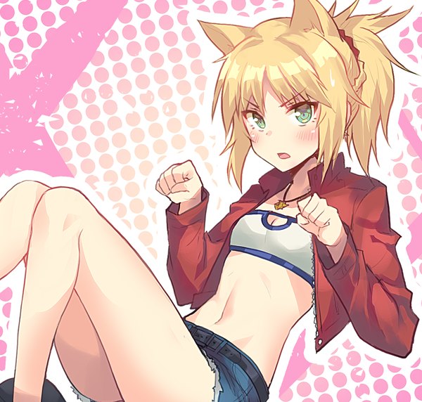 Anime picture 1656x1580 with fate (series) fate/grand order fate/apocrypha mordred (fate) g.t single looking at viewer blush fringe short hair open mouth blonde hair sitting green eyes animal ears payot bent knee (knees) ponytail braid (braids) cat ears