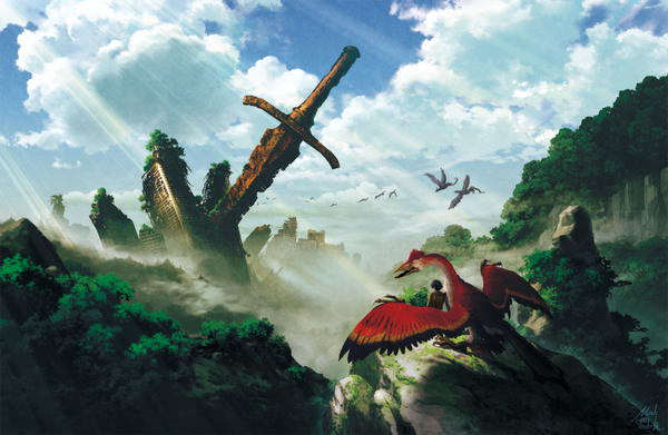 Anime picture 1000x652 with original mocha (cotton) short hair black hair standing signed sky cloud (clouds) from behind sunlight shadow dated sunbeam rock weapon plant (plants) sword tree (trees) huge weapon dinosaur