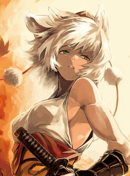 Anime picture 1000x1344 with touhou inubashiri momiji azuki (azuki-taste) single tall image fringe short hair breasts open mouth green eyes animal ears looking away white hair from below sleeveless wolf ears girl leaf (leaves) tokin hat