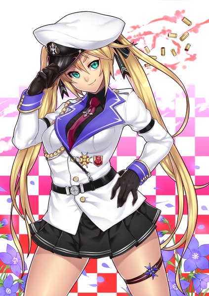 Anime picture 1748x2480 with original houtengeki single tall image highres blonde hair smile twintails green eyes very long hair checkered background girl skirt gloves flower (flowers) ribbon (ribbons) hair ribbon hat miniskirt petals