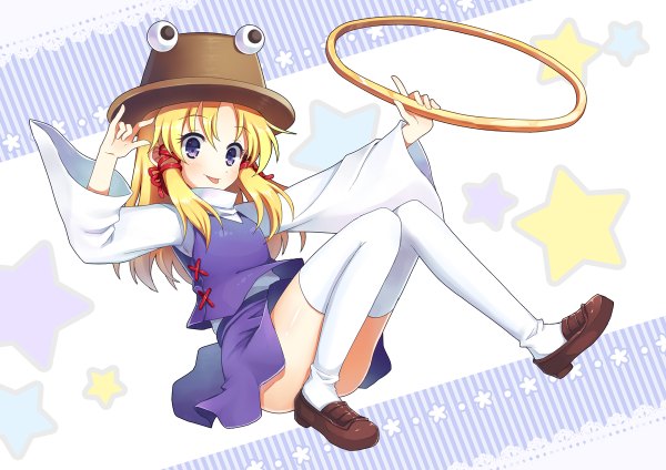 Anime picture 1200x848 with touhou moriya suwako mauve single blush short hair blonde hair purple eyes :p girl thighhighs skirt hat white thighhighs star (symbol) skirt set moriya's iron rings