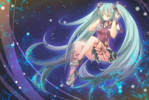 Anime picture 1748x1181 with vocaloid hatsune miku takamiya ren long hair highres twintails eyes closed green hair space girl star (stars)