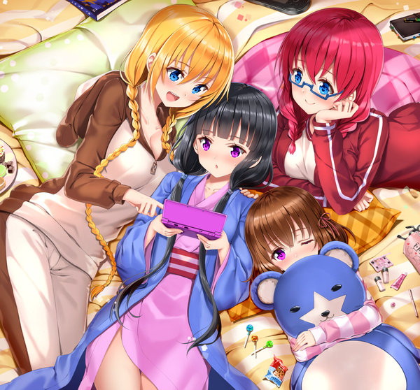 Anime picture 1470x1369 with blend s a-1 pictures sakuranomiya maika hinata kaho hoshikawa mafuyu amano miu swordsouls long hair blush fringe short hair black hair blonde hair smile hair between eyes twintails purple eyes multiple girls red hair blunt bangs