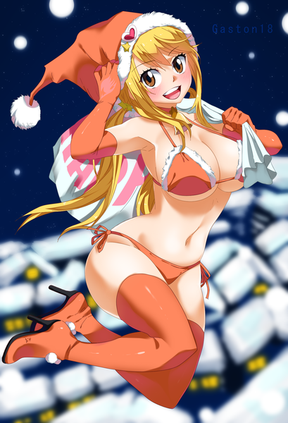 Anime picture 1226x1800 with fairy tail lucy heartfilia tongasart single long hair tall image looking at viewer blush breasts open mouth light erotic blonde hair smile large breasts twintails bare shoulders brown eyes bent knee (knees) :d blurry