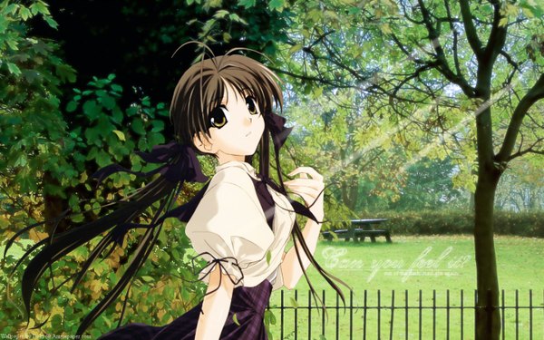 Anime picture 1440x900 with memories off shirakawa hotaru single long hair looking at viewer fringe brown hair wide image twintails ahoge outdoors arm up wind sunlight text low twintails sunbeam photo background girl bow