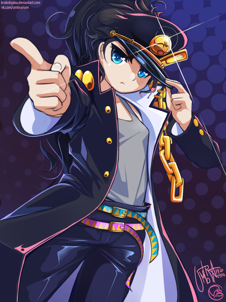 Anime picture 750x1000 with jojo no kimyou na bouken kujo jotaro krokobyaka single long hair tall image looking at viewer blue eyes black hair simple background standing signed ponytail sparkle lens flare shaded face polka dot adjusting hat pointing genderswap