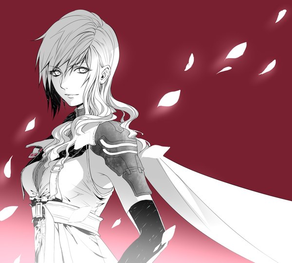 Anime picture 2000x1799 with final fantasy xiii lightning farron fenbei single long hair highres grey hair grey eyes monochrome red background spot color girl gloves petals black gloves elbow gloves cloak