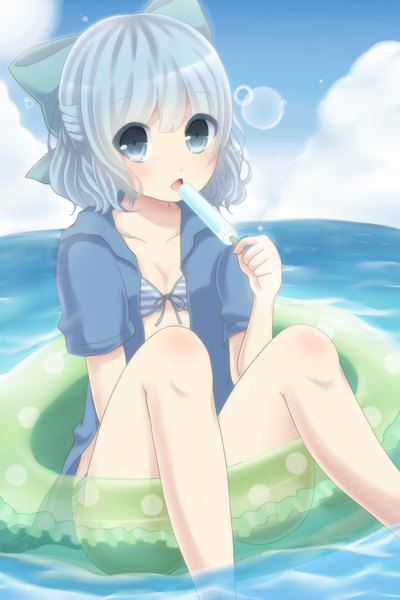 Anime picture 1200x1800 with touhou cirno mutsumi326 single tall image short hair blue eyes blue hair afloat girl bow hair bow food sweets ice cream swim ring