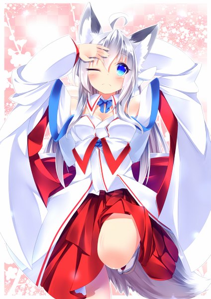 Anime picture 849x1200 with original autumn dawn single long hair tall image blush fringe blue eyes hair between eyes standing animal ears looking away silver hair ahoge bent knee (knees) tail traditional clothes animal tail one eye closed wide sleeves