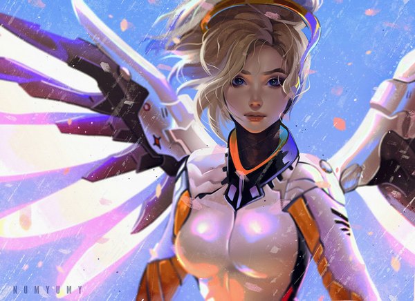 Anime picture 900x655 with overwatch blizzard entertainment mercy (overwatch) numyumy single short hair breasts blue eyes blonde hair simple background wide image large breasts signed looking away upper body ponytail light smile wind lips blurry