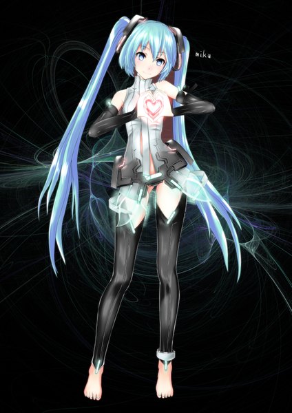 Anime picture 2894x4093 with vocaloid vocaloid append hatsune miku hatsune miku (append) ukimenutah single tall image highres twintails very long hair barefoot aqua eyes light smile aqua hair heart hands girl detached sleeves heart headphones