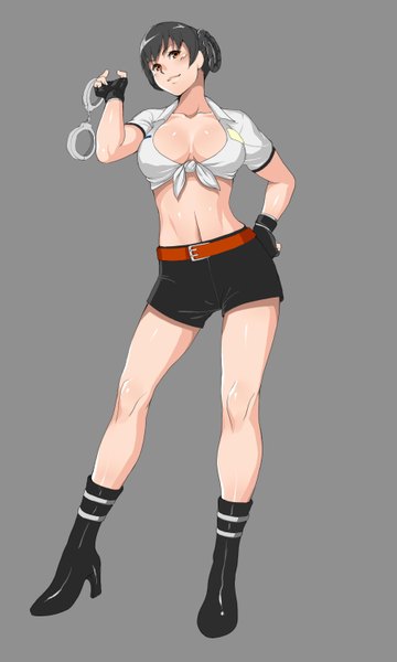 Anime picture 900x1500 with dead or alive lei fang kuramori (artist) single tall image looking at viewer blush short hair breasts light erotic black hair simple background smile grey background bare belly midriff orange eyes legs girl belt