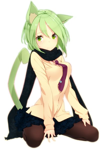 Anime picture 685x1000 with original zizi (zz22) single tall image looking at viewer short hair simple background white background green eyes animal ears tail animal tail green hair cat ears cat girl cat tail girl skirt pantyhose necktie