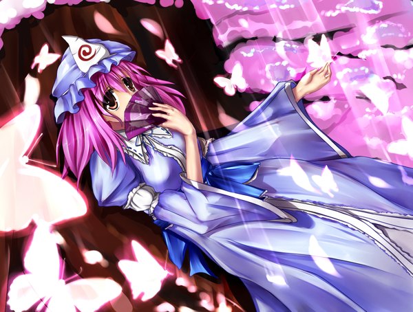 Anime picture 2200x1665 with touhou saigyouji yuyuko baisi shaonian single long hair highres red eyes pink hair japanese clothes cherry blossoms girl dress plant (plants) tree (trees) insect butterfly bonnet fan