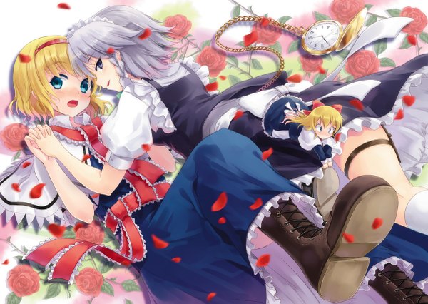 Anime picture 1200x853 with touhou izayoi sakuya alice margatroid hyuuga azuri long hair blush short hair open mouth blue eyes blonde hair multiple girls lying grey hair maid holding hands girl dress flower (flowers) bow 2 girls