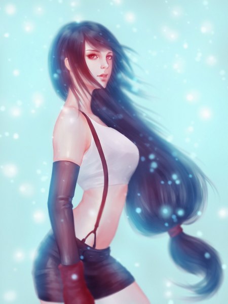 Anime picture 1100x1467 with final fantasy final fantasy vii square enix tifa lockhart naranavy single tall image looking at viewer fringe black hair red eyes standing bare shoulders very long hair parted lips lips bare belly girl skirt gloves
