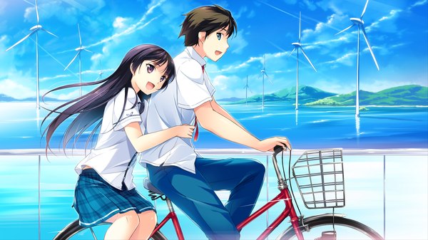 Anime picture 2560x1440 with kono oozora ni tsubasa wo hirogete habane kotori long hair highres short hair open mouth blue eyes black hair wide image brown eyes game cg girl boy skirt uniform school uniform miniskirt shirt ground vehicle bicycle