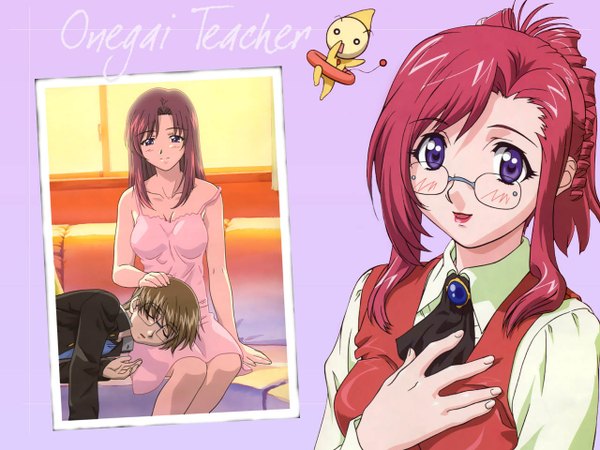 Anime picture 1280x960 with onegai teacher kazami mizuho marie (onegai teacher) looking at viewer blush purple eyes red hair lipstick hand on chest red lipstick girl glasses vest blouse photo (object)