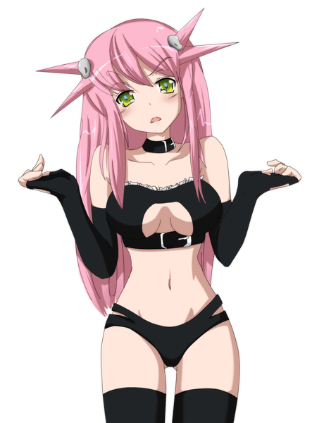 Anime picture 1068x1446 with original rinine single long hair tall image looking at viewer blush light erotic bare shoulders green eyes pink hair cleavage underwear only transparent background girl thighhighs gloves navel underwear panties