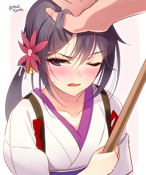Anime picture 667x800 with kantai collection akebono destroyer matsukawa (pale scarlet) long hair tall image blush fringe open mouth black hair purple eyes signed looking away traditional clothes japanese clothes one eye closed hair flower wink grey eyes embarrassed side ponytail