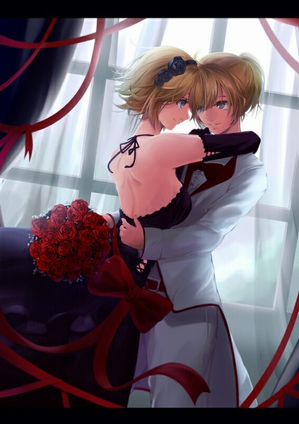 Anime picture 565x800 with vocaloid kagamine rin kagamine len lancefate tall image short hair blue eyes blonde hair couple hug back letterboxed girl dress boy gloves flower (flowers) bow elbow gloves hairband