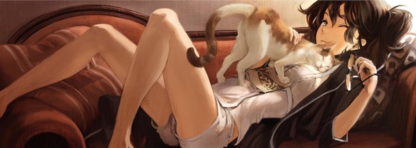 Anime picture 1600x571 with original qni (pixiv) single long hair black hair smile wide image twintails brown eyes lying one eye closed wink legs girl glasses shorts cat couch white shorts