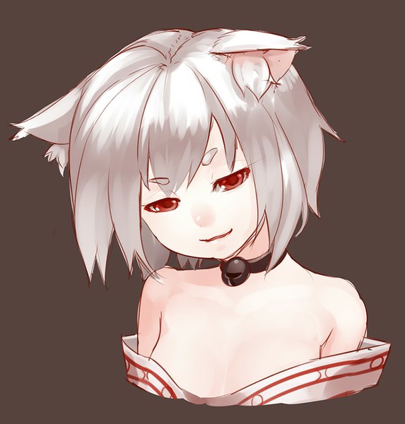 Anime picture 811x850 with original raijuu (bakanara) single tall image fringe short hair light erotic simple background smile red eyes bare shoulders animal ears grey hair brown background girl collar