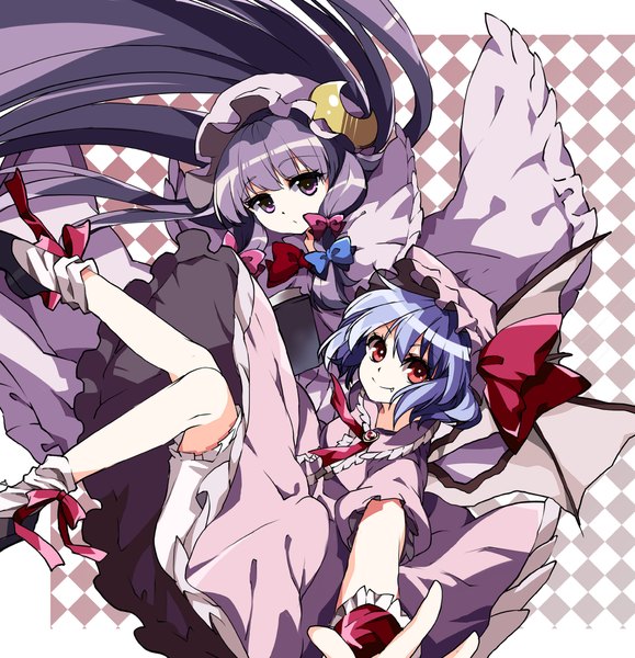 Anime picture 1932x2000 with touhou remilia scarlet patchouli knowledge katayama kei long hair tall image looking at viewer fringe highres short hair smile red eyes purple eyes multiple girls purple hair teeth fang (fangs) outstretched arm crescent rhombus