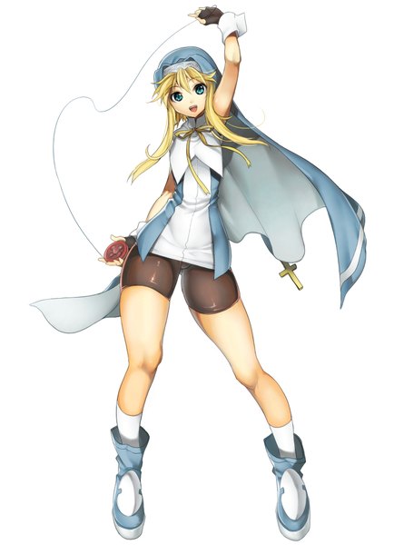 Anime picture 804x1110 with guilty gear bridget (guilty gear) wadani hitonori single long hair tall image looking at viewer fringe open mouth blue eyes light erotic simple background blonde hair hair between eyes standing white background full body skindentation otoko no ko nun
