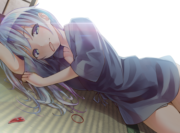 Anime picture 1480x1100 with original ninnzinn single long hair looking at viewer blue eyes holding lying aqua hair mouth hold on side backlighting girl dress hair ornament hairpin (hairpins)