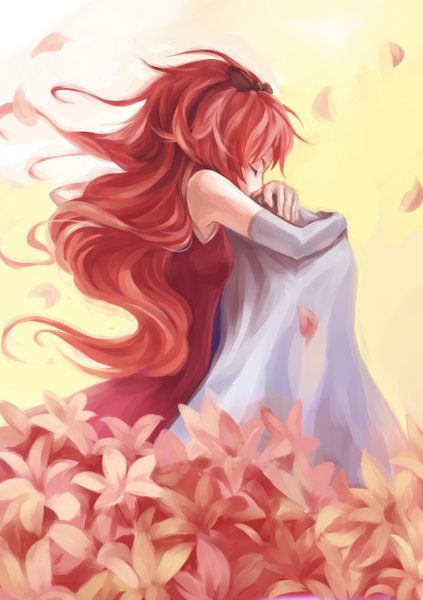 Anime picture 1748x2480 with mahou shoujo madoka magica shaft (studio) sakura kyouko xiamianliele (artist) single long hair tall image highres sitting bare shoulders absurdres red hair eyes closed girl flower (flowers) petals
