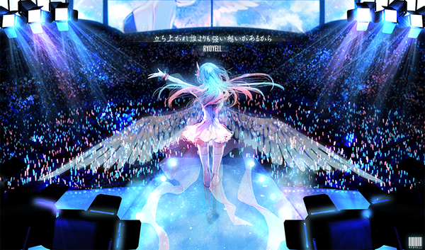 Anime picture 882x520 with original ryoyell long hair wide image standing blue hair pink hair from behind gradient background light outstretched hand concert girl thighhighs dress wings searchlight