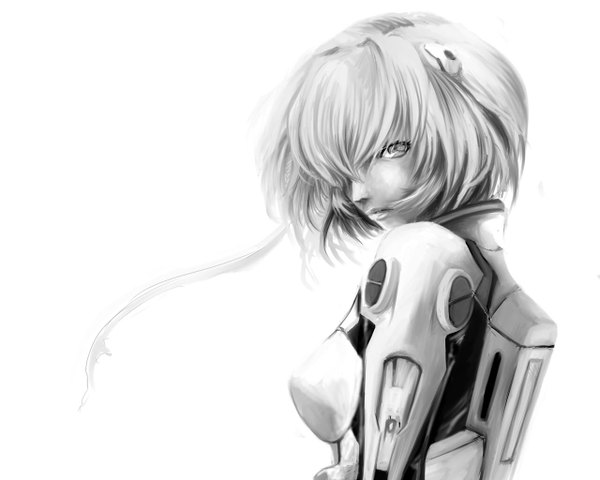 Anime picture 1280x1024 with neon genesis evangelion rebuild of evangelion gainax ayanami rei uramix (pixiv) single fringe short hair simple background white background hair over one eye monochrome girl pilot suit