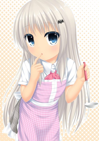 Anime picture 1000x1414 with little busters! key (studio) noumi kudryavka kurose taiga single long hair tall image looking at viewer blush blue eyes white hair loli finger to mouth girl apron