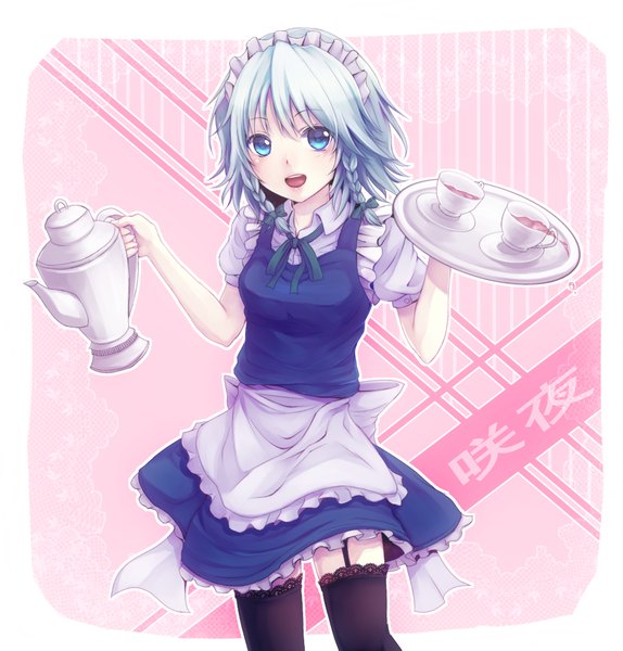 Anime picture 1000x1045 with touhou izayoi sakuya hijiri-ssh single tall image short hair open mouth blue eyes blue hair braid (braids) maid twin braids girl thighhighs bow black thighhighs hair bow headdress maid headdress apron