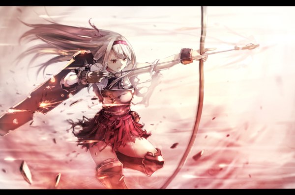 Anime picture 1500x997 with kantai collection shoukaku aircraft carrier sumisu (mondo) single long hair red eyes looking away white hair traditional clothes japanese clothes torn clothes letterboxed clenched teeth girl skirt weapon miniskirt boots bracelet hairband