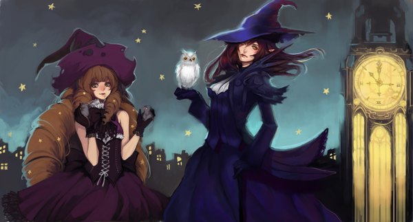 Anime picture 1621x874 with original ippus aurvandil long hair brown hair wide image multiple girls yellow eyes red hair pointy ears night drill hair lacing witch girl dress gloves 2 girls animal bird (birds)