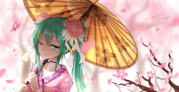 Anime picture 1300x668 with vocaloid hatsune miku qys3 single long hair looking at viewer wide image twintails traditional clothes japanese clothes one eye closed aqua eyes wink aqua hair cherry blossoms girl flower (flowers) plant (plants) petals tree (trees)