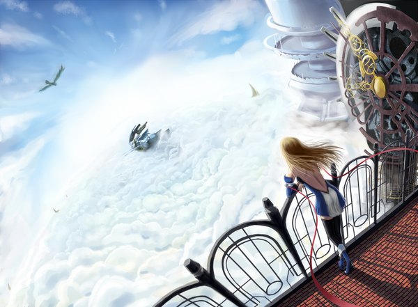 Anime picture 1700x1250 with blazblue noel vermillion tsukikanade blonde hair sky cloud (clouds) from behind back girl animal bird (birds) clock wire (wires) machine
